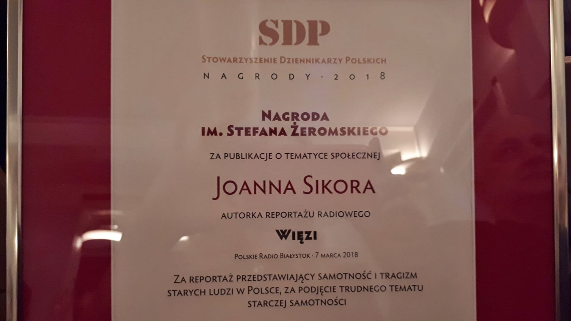Nasza dziennikarka – Joanna Sikora – otrzymała nagrodę SDP za reportaż społeczny, fot. Agnieszka Czarkowska