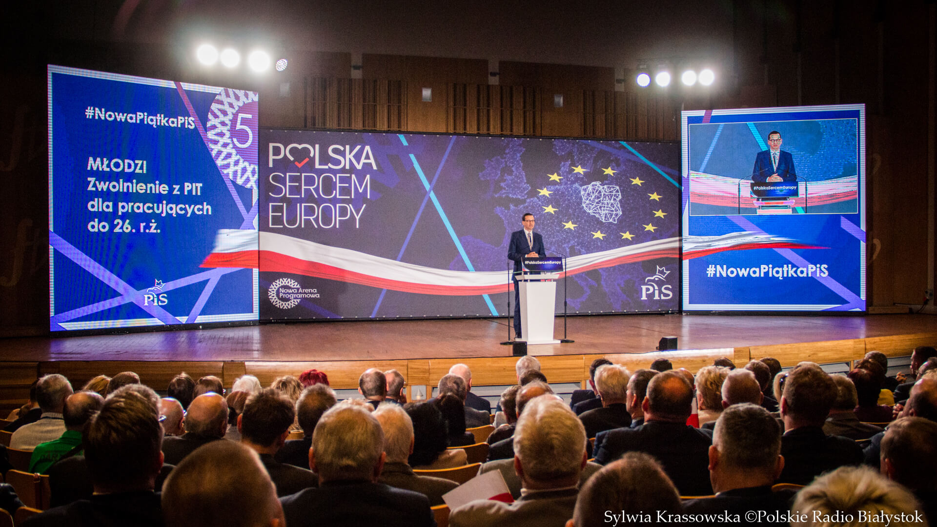 Premier Mateusz Morawiecki na konwencji wyborczej PiS w Białymstoku, 28.04.2019, fot. Sylwia Krassowska