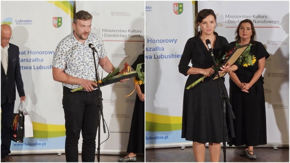 Źmicier Kościn i Dominika Dębska na finałowej gali Ogólnopolskiego Konkursu na Reportaż Radiowy im. Ireny Linkiewicz "Po prostu człowiek..." w Zielonej Górze, 9.09.2025, fot. Marcin Tomkiel