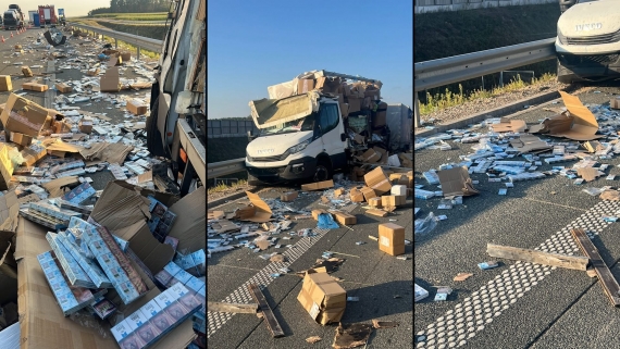 Wypadek na S61. W ciężarówkę z bydłem uderzył bus z papierosami, 9.09.2025, fot. KPP KOLNO